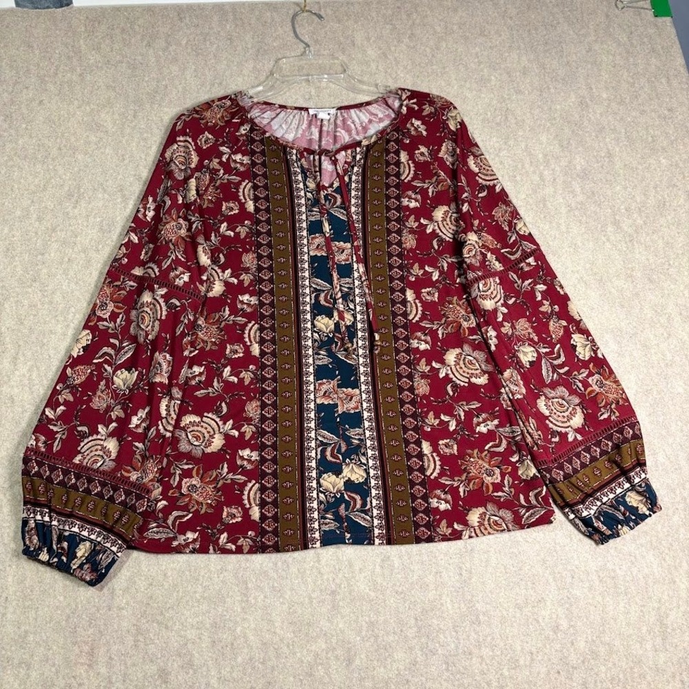 Westport Blouse Womens M Red Poly Spandex Boho Floral Tie Neck Long Sleeve Boho